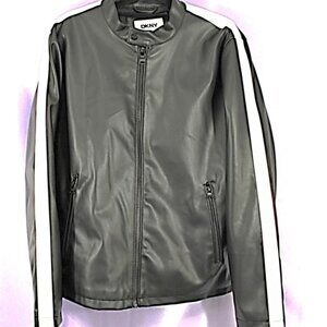 DKNY NWT Men’s Black Faux Leather Moto Jacket White Sleeve Stripes Size L